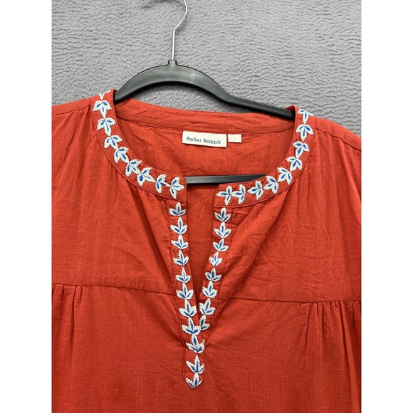 Roller Rabbit Dress Womens Sz L Orange Tiered Embroidered Midi - Picture 3 of 11